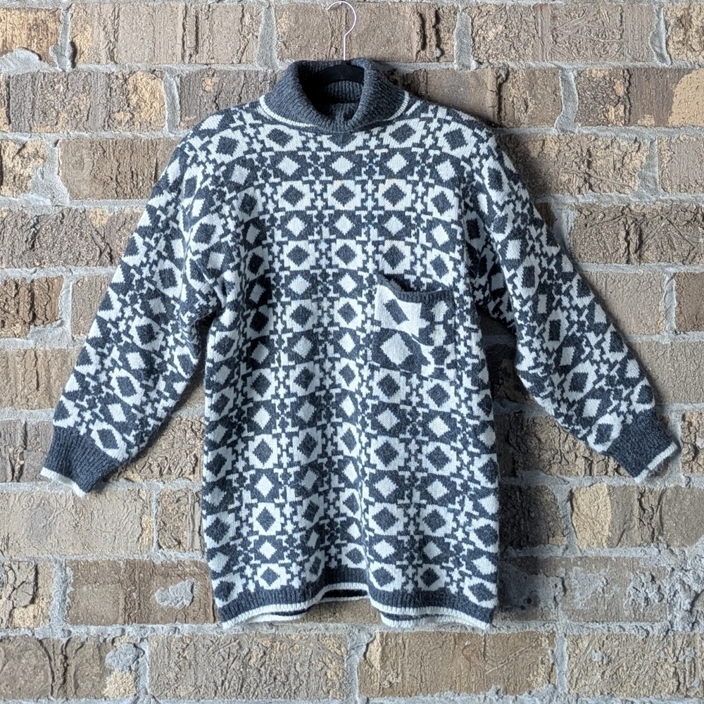 VTG 80s Kitty Hawk Knit Turtleneck Tunic Sweater Gray White Geometric Small